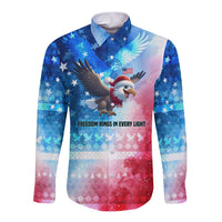 USA Christmas Long Sleeve Button Shirt with Santa Eagle Red White Blue Snowflake Pattern and American Flag - Wonder Print Shop
