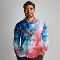 USA Christmas Long Sleeve Polo Shirt with Santa Eagle Red White Blue Snowflake Pattern and American Flag - Wonder Print Shop