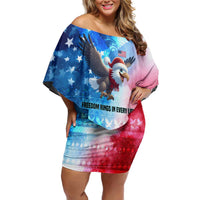 USA Christmas Off Shoulder Short Dress with Santa Eagle Red White Blue Snowflake Pattern and American Flag - Wonder Print Shop