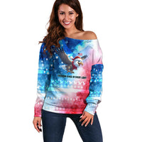USA Christmas Off Shoulder Sweater with Santa Eagle Red White Blue Snowflake Pattern and American Flag - Wonder Print Shop