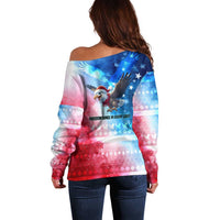 USA Christmas Off Shoulder Sweater with Santa Eagle Red White Blue Snowflake Pattern and American Flag - Wonder Print Shop