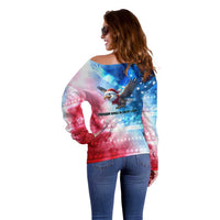 USA Christmas Off Shoulder Sweater with Santa Eagle Red White Blue Snowflake Pattern and American Flag - Wonder Print Shop
