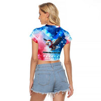 USA Christmas Raglan Cropped T Shirt with Santa Eagle Red White Blue Snowflake Pattern and American Flag - Wonder Print Shop