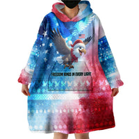 USA Christmas Wearable Blanket Hoodie with Santa Eagle Red White Blue Snowflake Pattern and American Flag - Wonder Print Shop