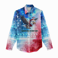 USA Christmas Women Casual Shirt with Santa Eagle Red White Blue Snowflake Pattern and American Flag - Wonder Print Shop