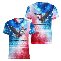 USA Christmas Women V-Neck T-Shirt with Santa Eagle Red White Blue Snowflake Pattern and American Flag - Wonder Print Shop