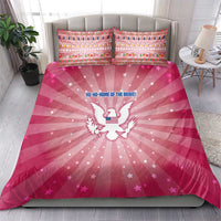 USA Christmas Bedding Set with Bald Eagle Seal Pink Starburst Pattern and Festive Holiday Icons - Wonder Print Shop