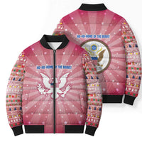USA Christmas Bomber Puffer Jacket with Bald Eagle Seal Pink Starburst Pattern and Festive Holiday Icons - Wonder Print Shop