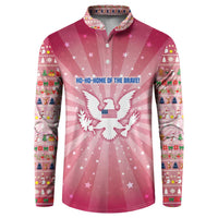 USA Christmas Button Sweatshirt with Bald Eagle Seal Pink Starburst Pattern and Festive Holiday Icons - Wonder Print Shop