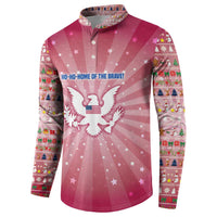 USA Christmas Button Sweatshirt with Bald Eagle Seal Pink Starburst Pattern and Festive Holiday Icons - Wonder Print Shop