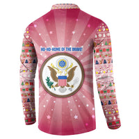 USA Christmas Button Sweatshirt with Bald Eagle Seal Pink Starburst Pattern and Festive Holiday Icons - Wonder Print Shop