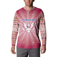 USA Christmas Button Sweatshirt with Bald Eagle Seal Pink Starburst Pattern and Festive Holiday Icons - Wonder Print Shop