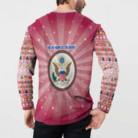 USA Christmas Button Sweatshirt with Bald Eagle Seal Pink Starburst Pattern and Festive Holiday Icons - Wonder Print Shop