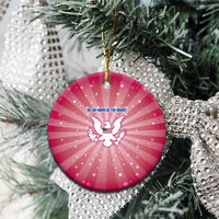 USA Christmas Ceramic Ornament with Bald Eagle Seal Pink Starburst Pattern and Festive Holiday Icons - Wonder Print Shop