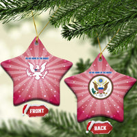USA Christmas Ceramic Ornament with Bald Eagle Seal Pink Starburst Pattern and Festive Holiday Icons - Wonder Print Shop