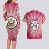 USA Christmas Couples Matching Long Sleeve Bodycon Dress and Hawaiian Shirt with Bald Eagle Seal Pink Starburst Pattern and Festive Holiday Icons - Wonder Print Shop