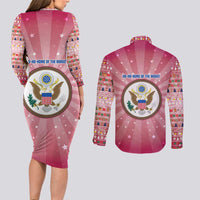 USA Christmas Couples Matching Long Sleeve Bodycon Dress and Long Sleeve Button Shirt with Bald Eagle Seal Pink Starburst Pattern and Festive Holiday Icons - Wonder Print Shop