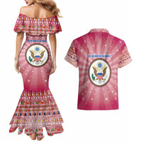 USA Christmas Couples Matching Mermaid Dress and Hawaiian Shirt with Bald Eagle Seal Pink Starburst Pattern and Festive Holiday Icons - Wonder Print Shop