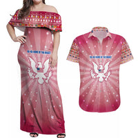 USA Christmas Couples Matching Off Shoulder Maxi Dress and Hawaiian Shirt with Bald Eagle Seal Pink Starburst Pattern and Festive Holiday Icons - Wonder Print Shop