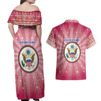USA Christmas Couples Matching Off Shoulder Maxi Dress and Hawaiian Shirt with Bald Eagle Seal Pink Starburst Pattern and Festive Holiday Icons - Wonder Print Shop