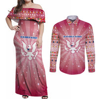 USA Christmas Couples Matching Off Shoulder Maxi Dress and Long Sleeve Button Shirt with Bald Eagle Seal Pink Starburst Pattern and Festive Holiday Icons - Wonder Print Shop