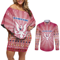 USA Christmas Couples Matching Off Shoulder Short Dress and Long Sleeve Button Shirt with Bald Eagle Seal Pink Starburst Pattern and Festive Holiday Icons - Wonder Print Shop