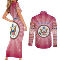 USA Christmas Couples Matching Short Sleeve Bodycon Dress and Long Sleeve Button Shirt with Bald Eagle Seal Pink Starburst Pattern and Festive Holiday Icons - Wonder Print Shop