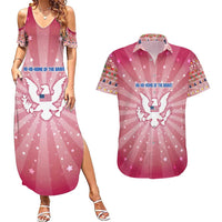 USA Christmas Couples Matching Summer Maxi Dress and Hawaiian Shirt with Bald Eagle Seal Pink Starburst Pattern and Festive Holiday Icons - Wonder Print Shop
