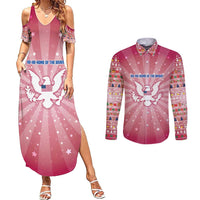 USA Christmas Couples Matching Summer Maxi Dress and Long Sleeve Button Shirt with Bald Eagle Seal Pink Starburst Pattern and Festive Holiday Icons - Wonder Print Shop