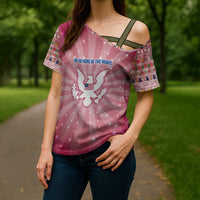 USA Christmas Cross Shoulder Shirt with Bald Eagle Seal Pink Starburst Pattern and Festive Holiday Icons - Wonder Print Shop