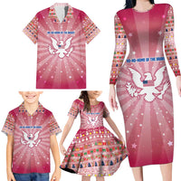 USA Christmas Family Matching Long Sleeve Bodycon Dress and Hawaiian Shirt with Bald Eagle Seal Pink Starburst Pattern and Festive Holiday Icons - Wonder Print Shop