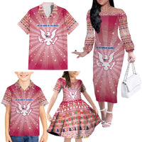 USA Christmas Family Matching Off The Shoulder Long Sleeve Dress and Hawaiian Shirt with Bald Eagle Seal Pink Starburst Pattern and Festive Holiday Icons - Wonder Print Shop