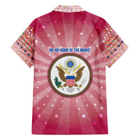 USA Christmas Family Matching Off The Shoulder Long Sleeve Dress and Hawaiian Shirt with Bald Eagle Seal Pink Starburst Pattern and Festive Holiday Icons - Wonder Print Shop