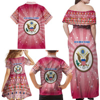 USA Christmas Family Matching Off Shoulder Maxi Dress and Hawaiian Shirt with Bald Eagle Seal Pink Starburst Pattern and Festive Holiday Icons - Wonder Print Shop