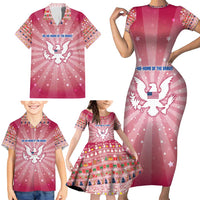USA Christmas Family Matching Short Sleeve Bodycon Dress and Hawaiian Shirt with Bald Eagle Seal Pink Starburst Pattern and Festive Holiday Icons - Wonder Print Shop