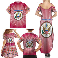 USA Christmas Family Matching Summer Maxi Dress and Hawaiian Shirt with Bald Eagle Seal Pink Starburst Pattern and Festive Holiday Icons - Wonder Print Shop