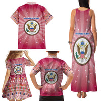 USA Christmas Family Matching Tank Maxi Dress and Hawaiian Shirt with Bald Eagle Seal Pink Starburst Pattern and Festive Holiday Icons - Wonder Print Shop
