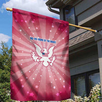 USA Christmas Garden Flag with Bald Eagle Seal Pink Starburst Pattern and Festive Holiday Icons - Wonder Print Shop