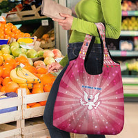 USA Christmas Grocery Bag with Bald Eagle Seal Pink Starburst Pattern and Festive Holiday Icons - Wonder Print Shop