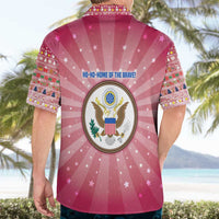 USA Christmas Hawaiian Shirt with Bald Eagle Seal Pink Starburst Pattern and Festive Holiday Icons - Wonder Print Shop