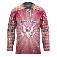 USA Christmas Hockey Jersey with Bald Eagle Seal Pink Starburst Pattern and Festive Holiday Icons - Wonder Print Shop