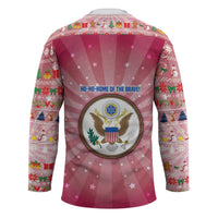 USA Christmas Hockey Jersey with Bald Eagle Seal Pink Starburst Pattern and Festive Holiday Icons - Wonder Print Shop
