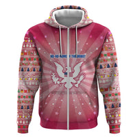 USA Christmas Hoodie with Bald Eagle Seal Pink Starburst Pattern and Festive Holiday Icons - Wonder Print Shop