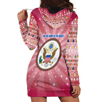 USA Christmas Hoodie Dress with Bald Eagle Seal Pink Starburst Pattern and Festive Holiday Icons - Wonder Print Shop