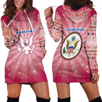 USA Christmas Hoodie Dress with Bald Eagle Seal Pink Starburst Pattern and Festive Holiday Icons - Wonder Print Shop