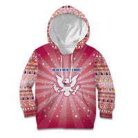USA Christmas Kid Hoodie with Bald Eagle Seal Pink Starburst Pattern and Festive Holiday Icons - Wonder Print Shop