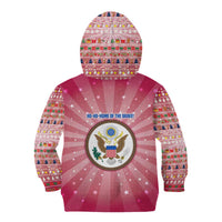 USA Christmas Kid Hoodie with Bald Eagle Seal Pink Starburst Pattern and Festive Holiday Icons - Wonder Print Shop