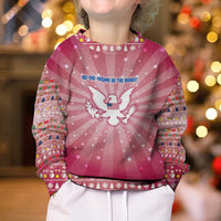 USA Christmas Kid Ugly Christmas Sweater with Bald Eagle Seal Pink Starburst Pattern and Festive Holiday Icons - Wonder Print Shop