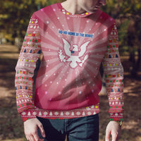 USA Christmas Ugly Christmas Sweater with Bald Eagle Seal Pink Starburst Pattern and Festive Holiday Icons - Wonder Print Shop