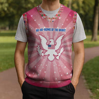 USA Christmas Knitted V-Neck Vest with Bald Eagle Seal Pink Starburst Pattern and Festive Holiday Icons - Wonder Print Shop